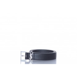 SAINT LAURENT BELT BUCKLE YSL BLACK SEED LEATHER SILVER BUCKLE