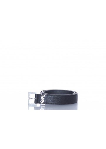 SAINT LAURENT CEINTURE BOUCLE YSL CUIR GRAINE NOIR BOUCLE ARGENT