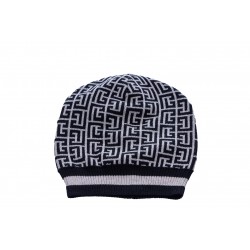 BALMAIN BALMAIN IVORY AND BLACK WOOL BEANIE WITH BALMAIN MONOGRAM