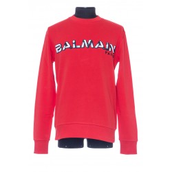 BALMAIN RED COTTON SWEATSHIRT WITH WHITE BALMAIN PARIS LOGO PRINT