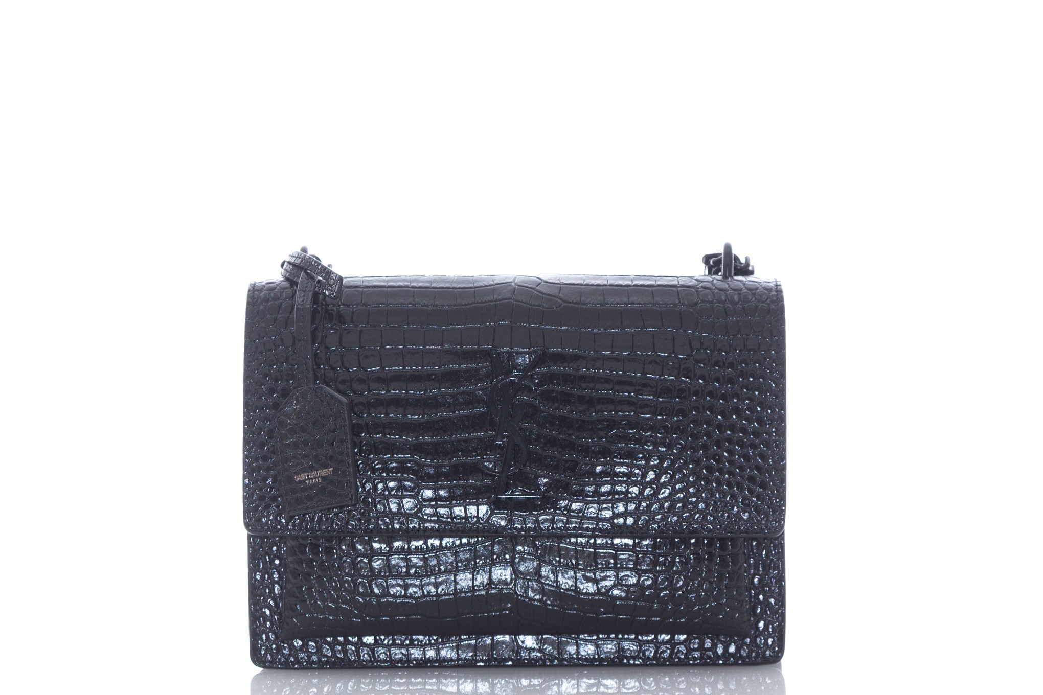 Saint Laurent Sunset Large in Crocodile-Embossed Shiny Leather - Black