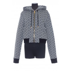 BALMAIN CROPPED HOODED COTTON SWEATSHIRT WITH IVORY AND BLACK BALMAIN MONOGRAM