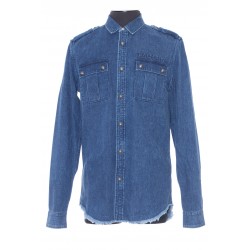 BALMAIN BLUE JEAN SHIRT WITH SMALL EMBOSSED BALMAIN LOGO