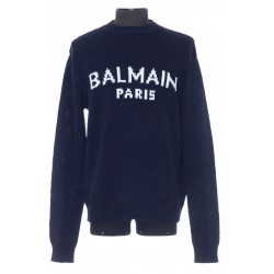 BALMAIN NAVY BLUE WOOL SWEATER WITH WHITE BALMAIN PARIS LOGO