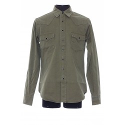 SAINT LAURENT DISTRESSED CLASSIC WESTERN SHIRT IN KHAKI STONEWASHED DENIM