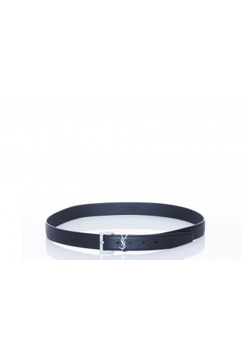 SAINT LAURENT YSL BELT CUIR GRAINE NOIR BOUCLE ARGENT