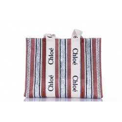 CHLOÉ WOODY STRIPES ON LINEN & SHINY CALFSKIN EMB W