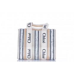 CHLOÉ WOODY STRIPES ON LINEN & SHINY CALFSKIN EMB W