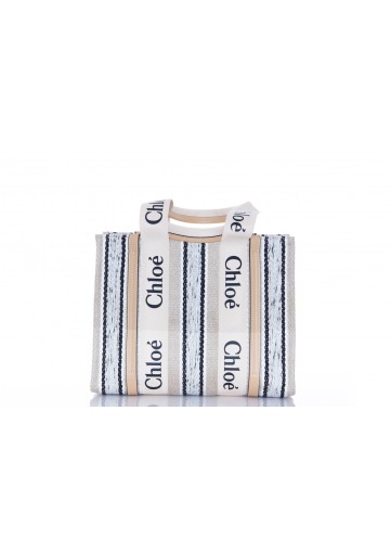 CHLOÉ WOODY STRIPES ON LINEN & SHINY CALFSKIN EMB W