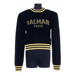 BALMAIN CROPPED WOOL SWEATSHIRT WITH GOLD BALMAIN LOGO 