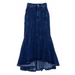 ALEXANDER MCQUEEN  WOMEN'S DENIM PANELLED MIDI SKIRT IN WASHED BLUE 