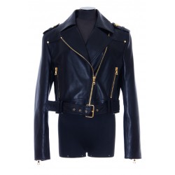 BALMAIN CROPPED BELTED LEATHER BIKER JACKET