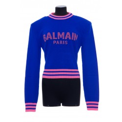 BALMAIN CROPPED WOOL SWEATSHIRT WITH BALMAIN LOGO 