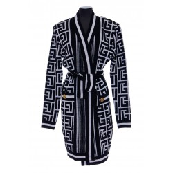 BALMAIN MAXI MONOGRAM LONG BELTED CARDIGAN