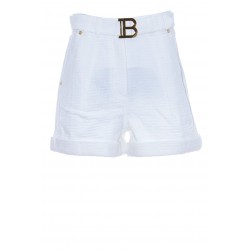 BALMAIN HW BELTED MONOGRAM DENIM SHORTS