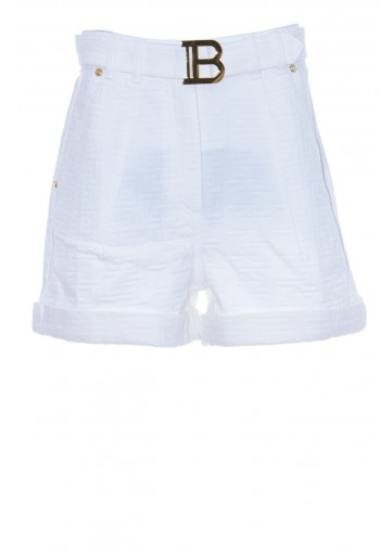 BALMAIN HW BELTED MONOGRAM DENIM SHORTS