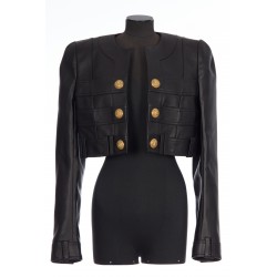 COLLARLESS LEATHER CROPPED JACKET