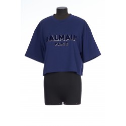 BALMAIN METTALIC FLOCK CROPPED T-SHIRT