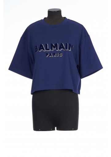 BALMAIN METTALIC FLOCK CROPPED T-SHIRT