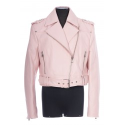 CROPPED BELTED LEATHER BIKER JACKET